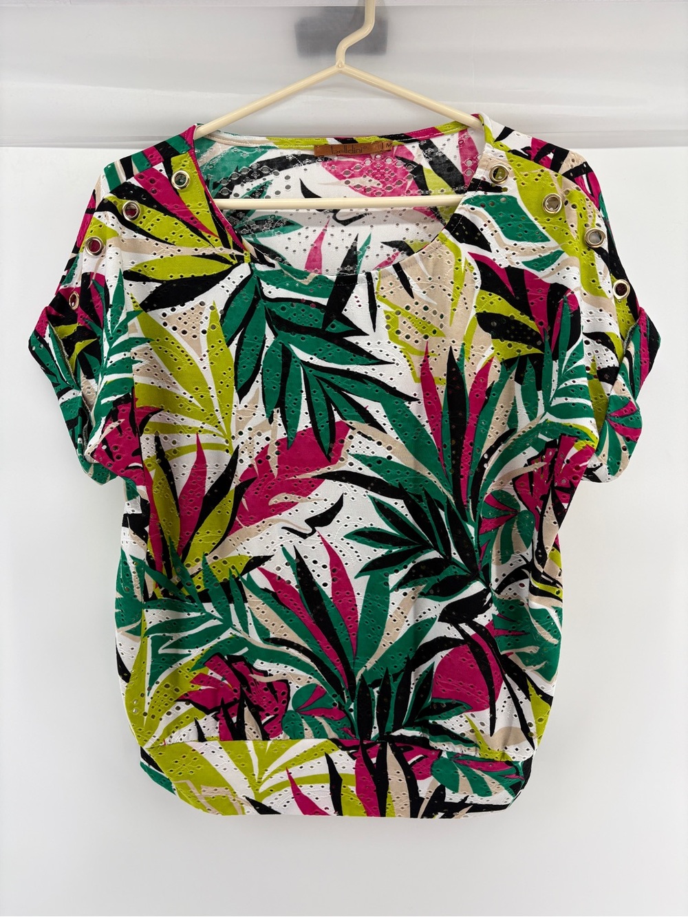 Belldini Women’s M Tropical Eyelet Top Grommet Dolman Sleeve Multicolor Blouse